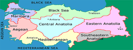 Turkey, bounded by four seas on three sides, spans a relatively large region in Asia and Europe. 